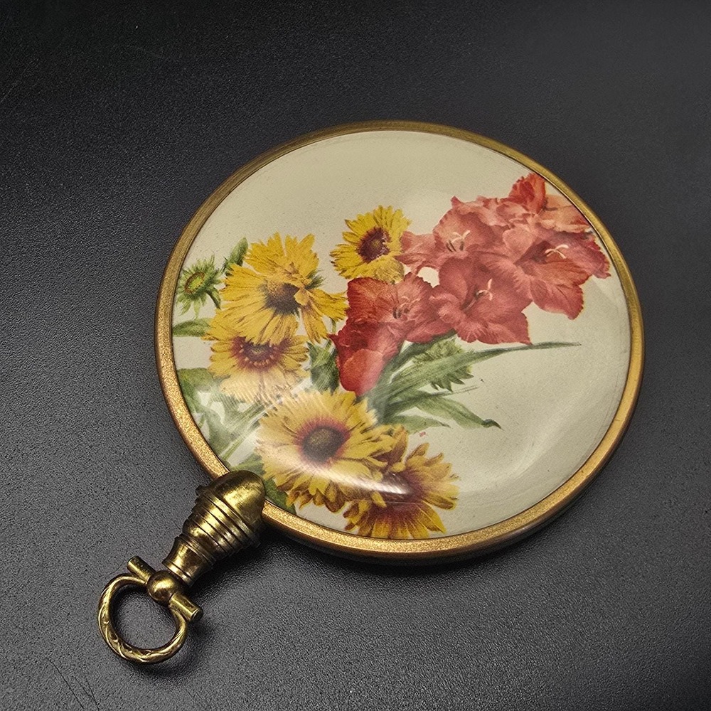Vintage Hand Mirror Compact Red Yellow Flowers Gladiolus